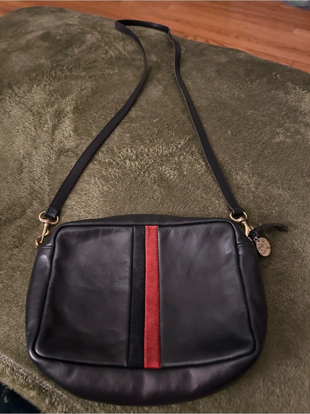 Clare V. Black Leather Midi Sac Crossbody with Red Stripe Accent
